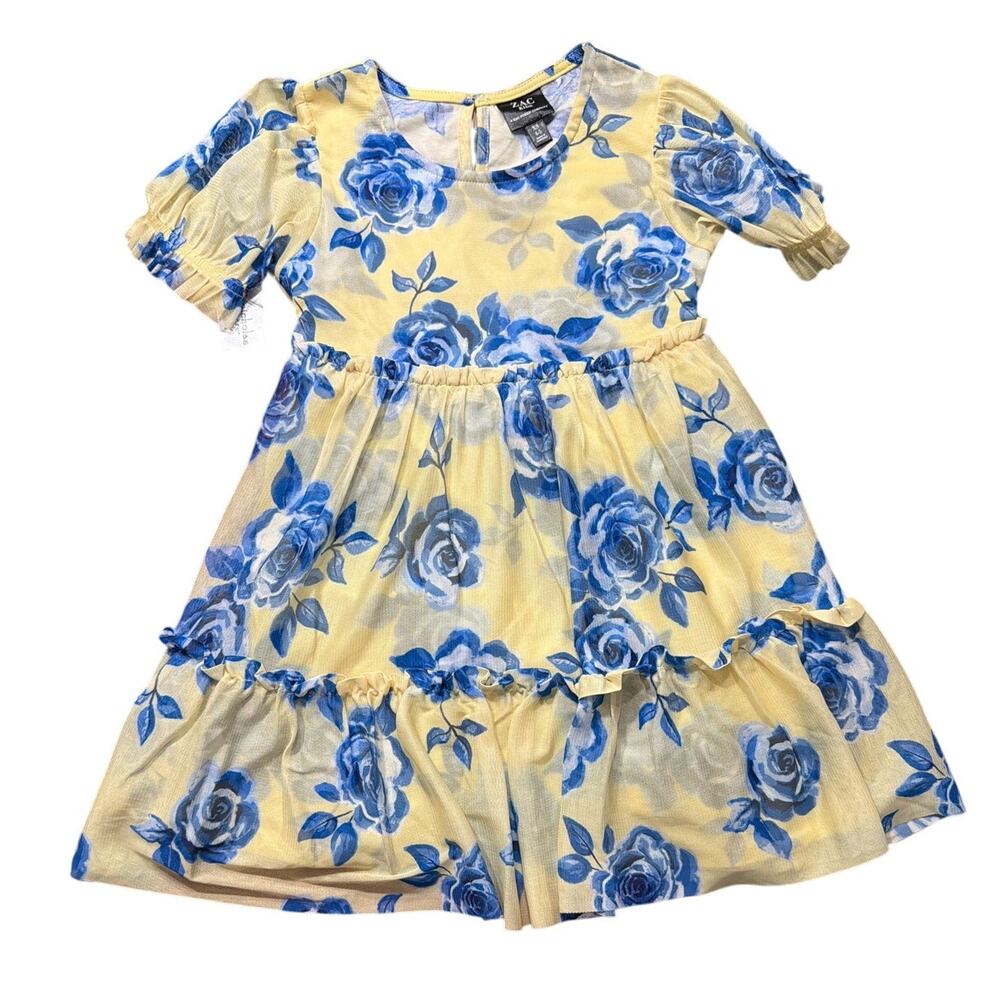 ZAC Kids Blue & Yellow Floral Dress Ruffle Flower Tiered Dress Size XS 4-5 New